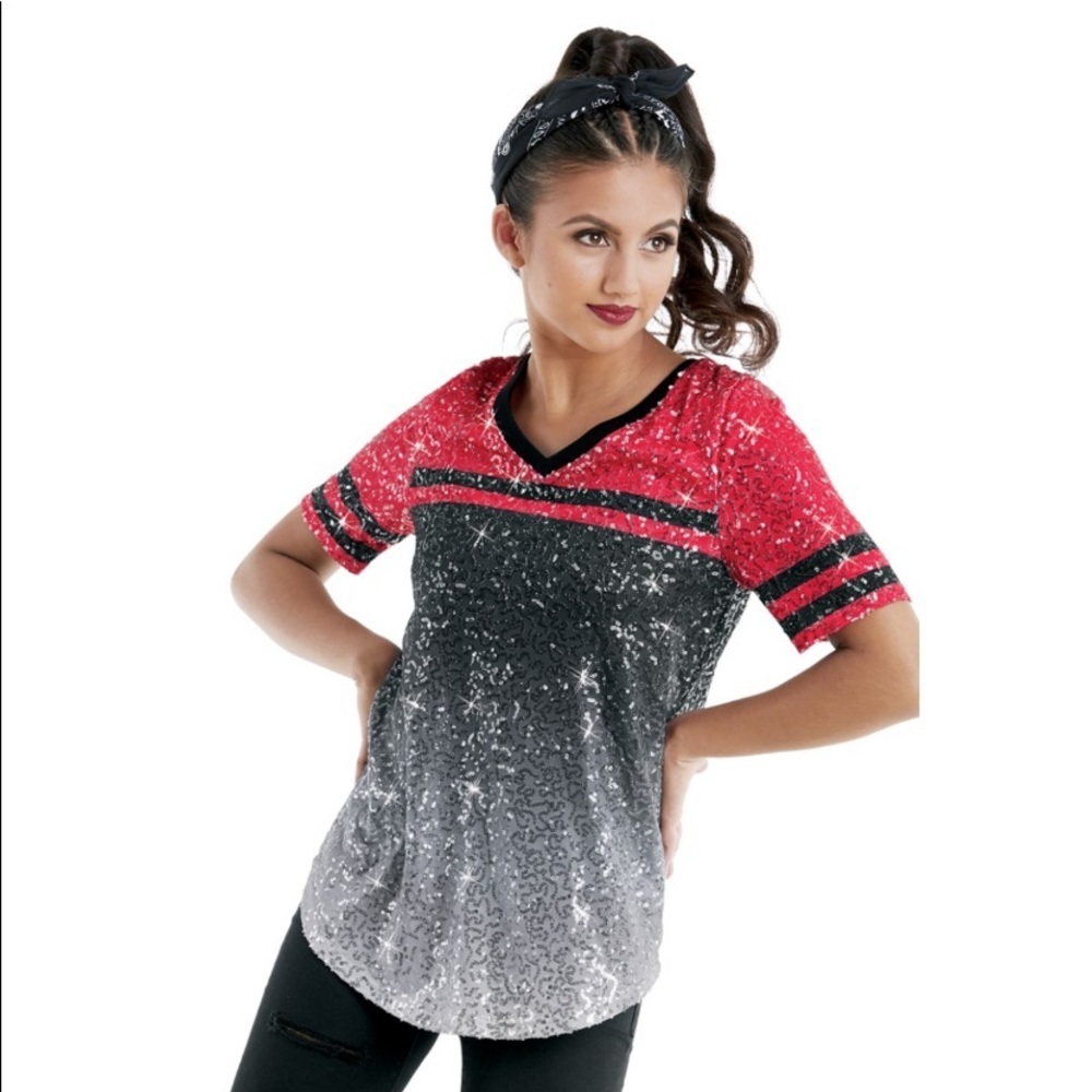 Balera Red & Black Ombre Sequined V-Neck Dance Shirt W/ Striped Sleeves Size MC
